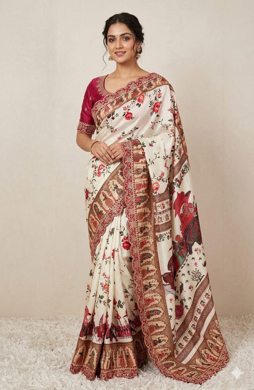 Cream White and Wine Pink Dola Banarasi Rose Print Saree